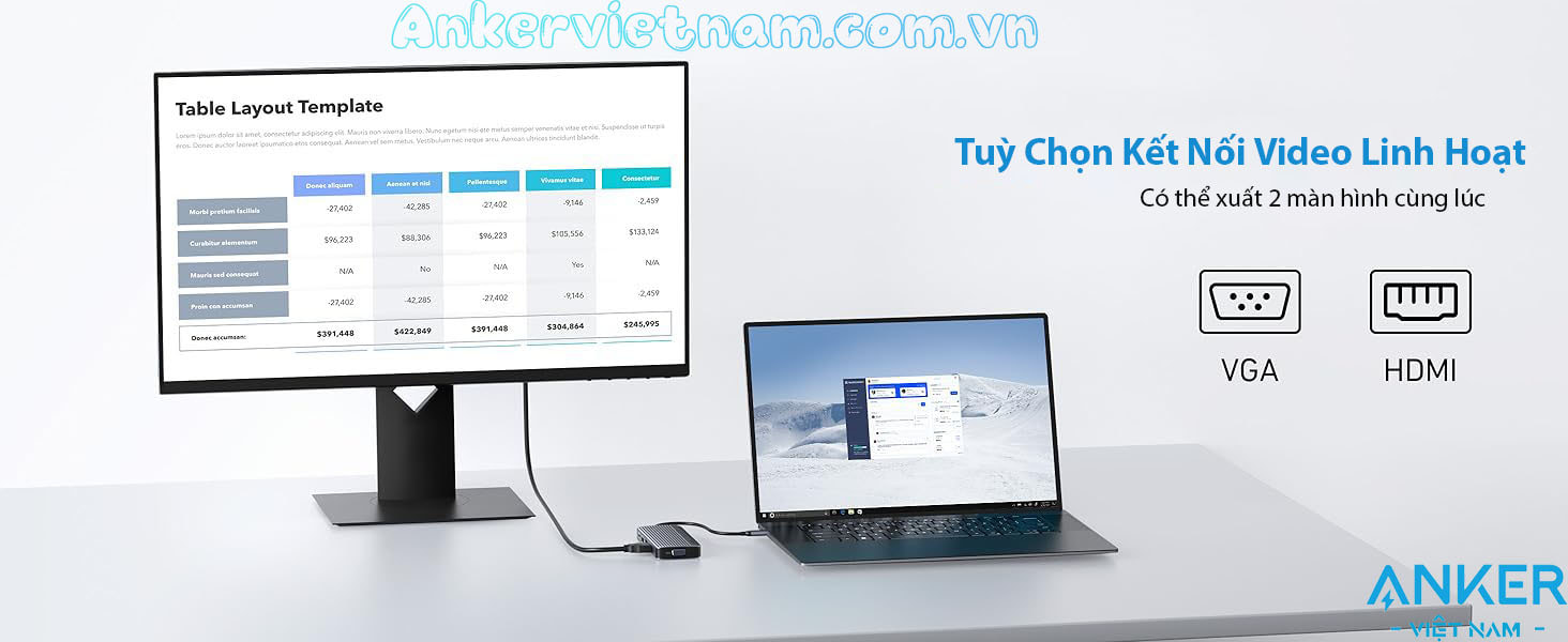 Hub USB-C 10-in-1 Xuất 2 Màn hình cùng lúc hỗ trợ HDMI 4K+ VGA +USB+USB Type C+ Lan 1Gbps + SD/TF+ PD 100W Anker A83C2