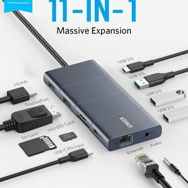 Hub USB-C-11 in 1 Hỗ Trợ Xuất 2 Màn Hình HDMI và Displayport Cùng Lúc, Kèm 2 cổng USB 2.0 , 1 cổng 3.0, 1 Cổng Ethernet Tốc độ 1Gbps, 1 Cổng Audio, 1 Cổng SD+TF + PD100W Anker 565-A8385