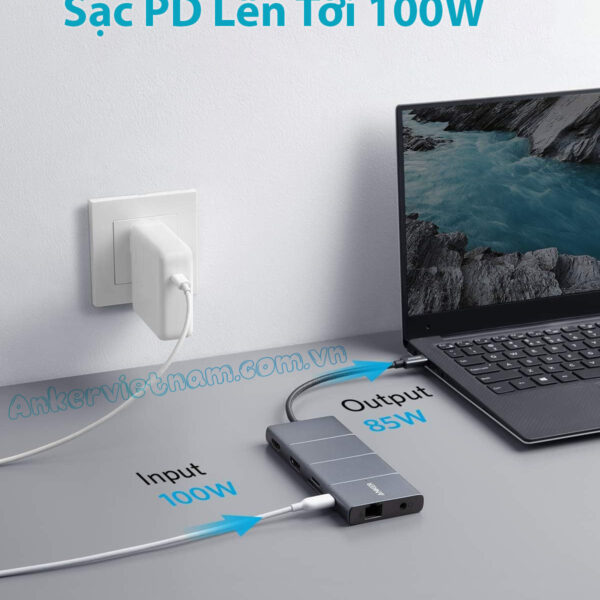 Hub USB-C-11 in 1 Hỗ Trợ Xuất 2 Màn Hình HDMI và Displayport Cùng Lúc, Kèm 2 cổng USB 2.0 , 1 cổng 3.0, 1 Cổng Ethernet Tốc độ 1Gbps, 1 Cổng Audio, 1 Cổng SD+TF + PD100W Anker 565-A8385