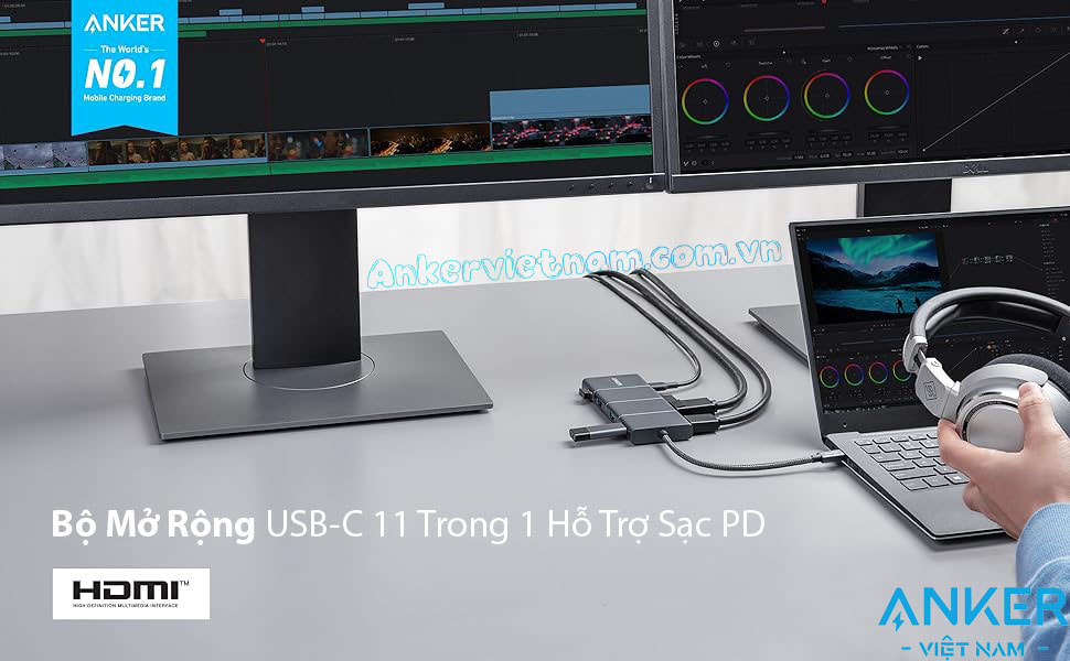 Hub USB-C-11 in 1 Hỗ Trợ Xuất 2 Màn Hình HDMI và Displayport Cùng Lúc, Kèm 2 cổng USB 2.0 , 1 cổng 3.0, 1 Cổng Ethernet Tốc độ 1Gbps, 1 Cổng Audio, 1 Cổng SD+TF + PD100W Anker 565-A8385