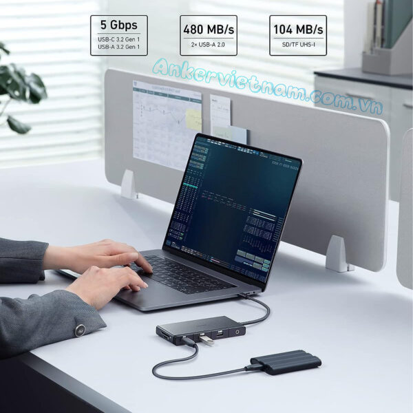 Hub USB Anker 552 Hỗ Trợ HDMI+2xUSB 2.0 +1x USB 3.0 + 1SD+ 1TF+ 1x USB-C+ 1x PD100W A8373