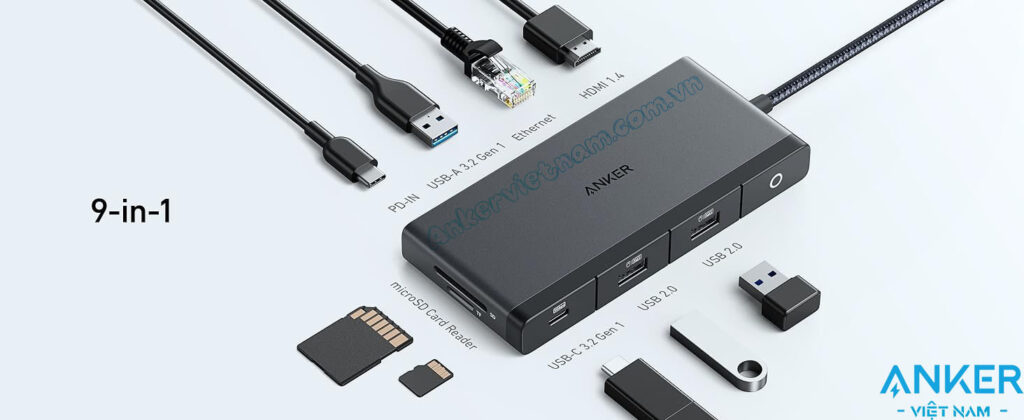 Hub USB Anker 552 Hỗ Trợ HDMI+2xUSB 2.0 +1x USB 3.0 + 1SD+ 1TF+ 1x USB-C+ 1x PD100W A8373