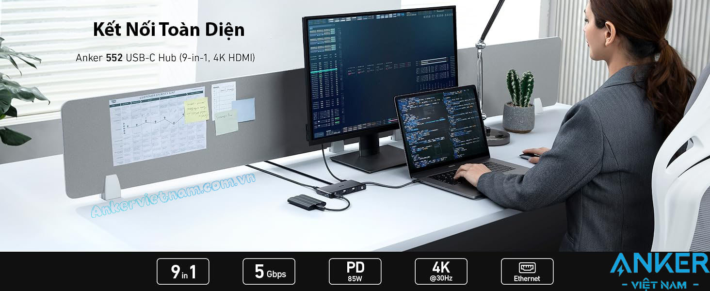 Hub USB Anker 552 Hỗ Trợ HDMI+2xUSB 2.0 +1x USB 3.0 + 1SD+ 1TF+ 1x USB-C+ 1x PD100W A8373