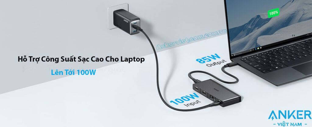 Hub USB-C Sang HDMI + Displayport 8K@30Hz, 3 Cổng USB 3.2 và USB-C 3.2, 1 Cổng RJ45, 1 Cổng PD100W Kèm cổng USB4 Upstream Anker 556-A83A8 Có Dây C to C dài 0.5M