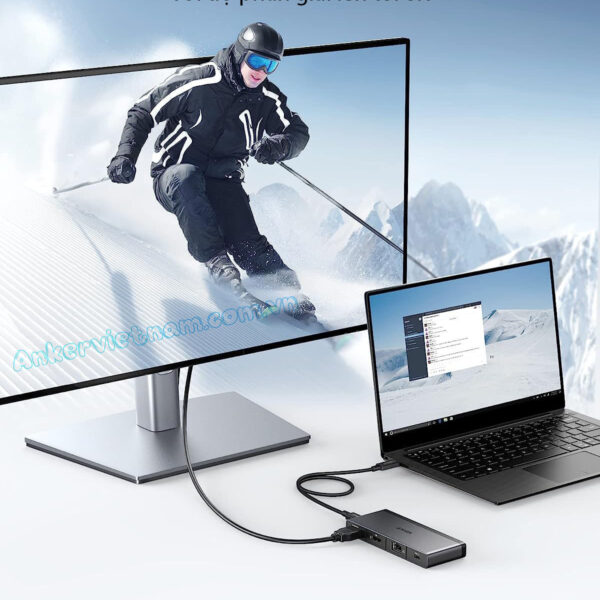 Hub USB-C Sang HDMI + Displayport 8K@30Hz, 3 Cổng USB 3.2 và USB-C 3.2, 1 Cổng RJ45, 1 Cổng PD100W Kèm cổng USB4 Upstream Anker 556-A83A8 Có Dây C to C dài 0.5M