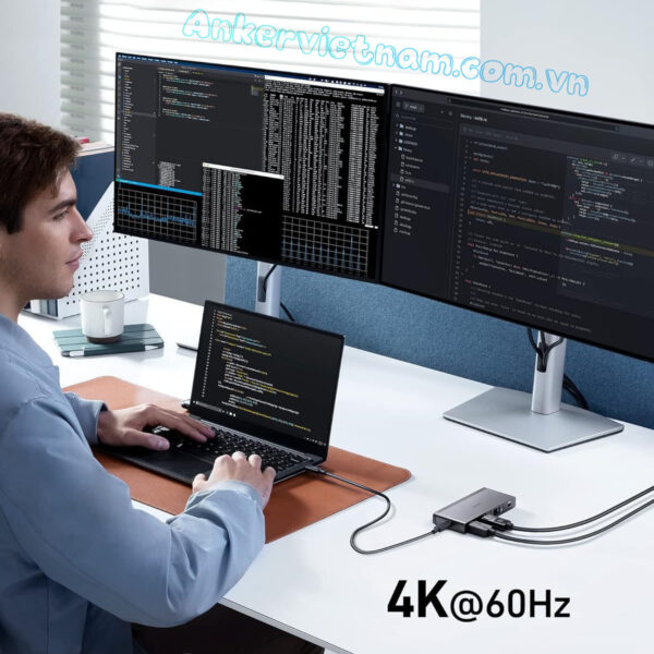 Hub USB-C Sang HDMI + Displayport 8K@30Hz, 3 Cổng USB 3.2 và USB-C 3.2, 1 Cổng RJ45, 1 Cổng PD100W Kèm cổng USB4 Upstream Anker 556-A83A8 Có Dây C to C dài 0.5M