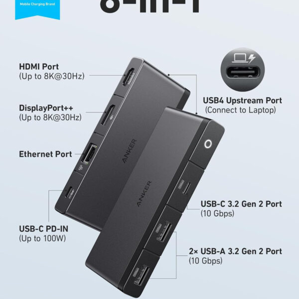 Hub USB-C Sang HDMI + Displayport 8K@30Hz, 3 Cổng USB 3.2 và USB-C 3.2, 1 Cổng RJ45, 1 Cổng PD100W Kèm cổng USB4 Upstream Anker 556-A83A8 Có Dây C to C dài 0.5M