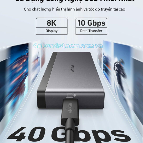 Hub USB-C Sang HDMI + Displayport 8K@30Hz, 3 Cổng USB 3.2 và USB-C 3.2, 1 Cổng RJ45, 1 Cổng PD100W Kèm cổng USB4 Upstream Anker 556-A83A8 Có Dây C to C dài 0.5M