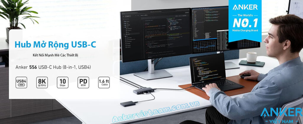 Hub USB-C Sang HDMI + Displayport 8K@30Hz, 3 Cổng USB 3.2 và USB-C 3.2, 1 Cổng RJ45, 1 Cổng PD100W Kèm cổng USB4 Upstream Anker 556-A83A8 Có Dây C to C dài 0.5M