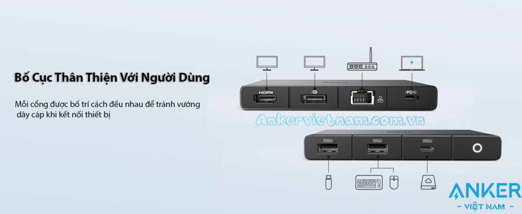 Hub USB-C Sang HDMI + Displayport 8K@30Hz, 3 Cổng USB 3.2 và USB-C 3.2, 1 Cổng RJ45, 1 Cổng PD100W Kèm cổng USB4 Upstream Anker 556-A83A8 Có Dây C to C dài 0.5M