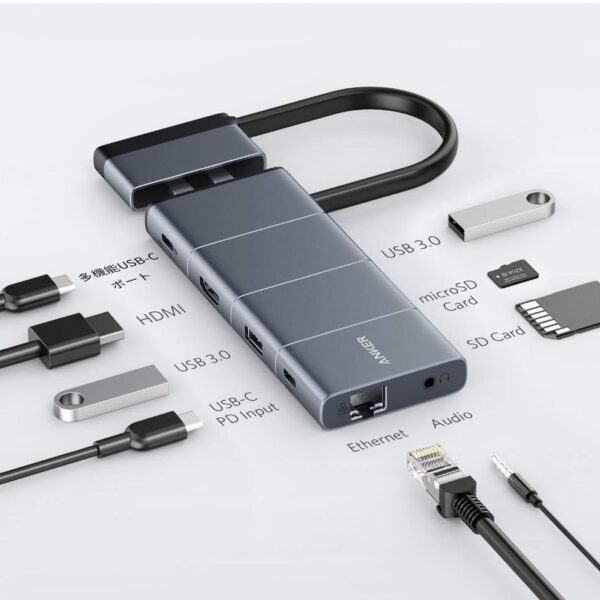 Hub USB TYpe C 9 Trong 2 Cho Macbook Hỗ Trợ HDMI + USB+ RJ45+ Audio 3.5mm +SD/TF+USB-C Multi Function + PD100W Anker A8384