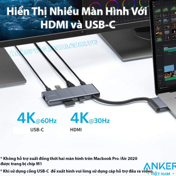 Hub USB TYpe C 9 Trong 2 Cho Macbook Hỗ Trợ HDMI + USB+ RJ45+ Audio 3.5mm +SD/TF+USB-C Multi Function + PD100W Anker A8384
