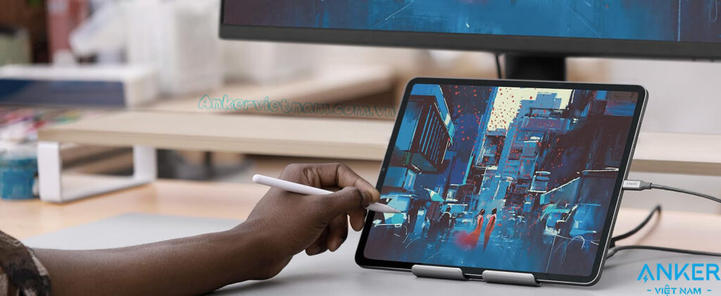 Bộ Hub USB-C Mở Rộng Kết Nối Cho Ipad, Tablet Kèm Chân Đế Có Thể Gập 8 trong 1 Anker 551 A8387 K@60Hz, 3.5 mm AUX, microSD/SD, PD 100W, 5Gbps