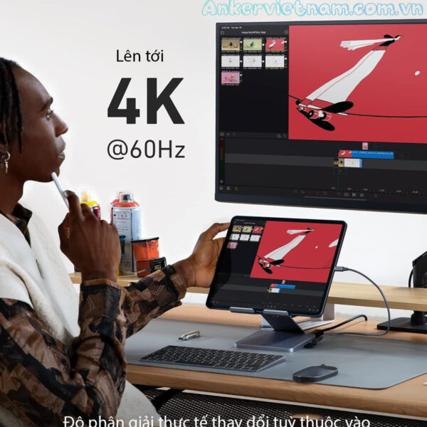 Bộ Hub USB-C Mở Rộng Kết Nối Cho Ipad, Tablet Kèm Chân Đế Có Thể Gập 8 trong 1 Anker 551 A8387 K@60Hz, 3.5 mm AUX, microSD/SD, PD 100W, 5Gbps