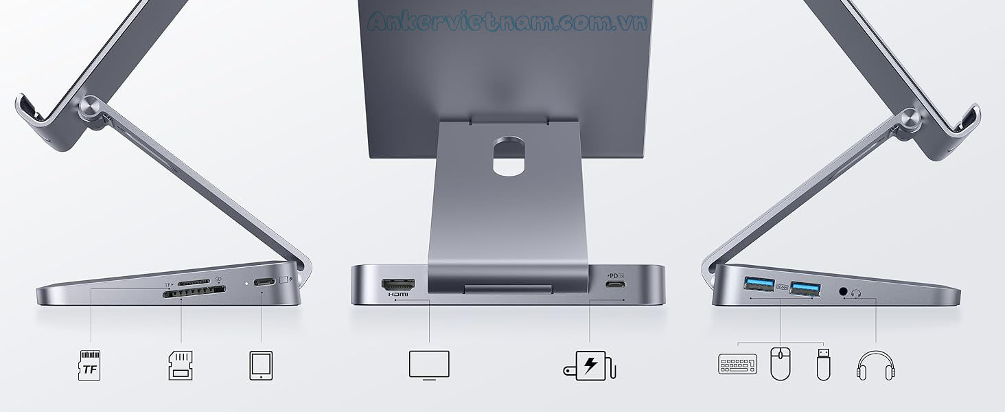 Bộ Hub USB-C Mở Rộng Kết Nối Cho Ipad, Tablet Kèm Chân Đế Có Thể Gập 8 trong 1 Anker 551 A8387 K@60Hz, 3.5 mm AUX, microSD/SD, PD 100W, 5Gbps