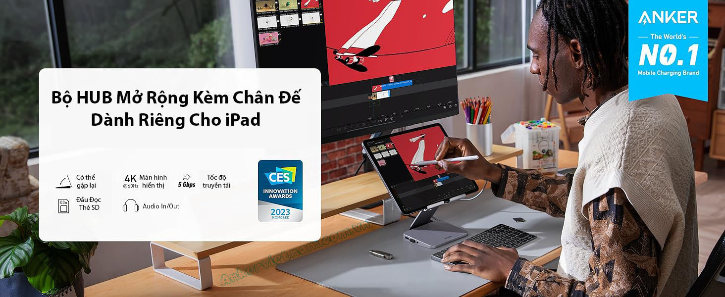 Bộ Hub USB-C Mở Rộng Kết Nối Cho Ipad, Tablet Kèm Chân Đế Có Thể Gập 8 trong 1 Anker 551 A8387 K@60Hz, 3.5 mm AUX, microSD/SD, PD 100W, 5Gbps