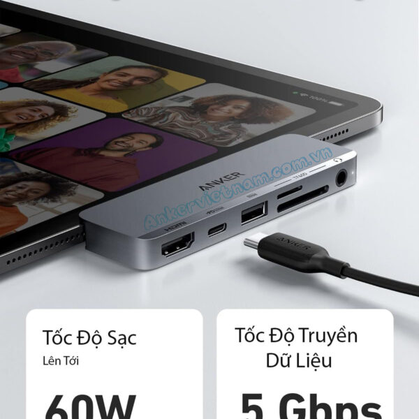 Hub USB-C Cho iPad Hỗ Trợ Cổng HDMI 4K@30Hz + USB 5Gbps+ SD/TF+ Audio 3.5mm + USB-C Đa Chức Năng Sạc PD60W Abjer A8363