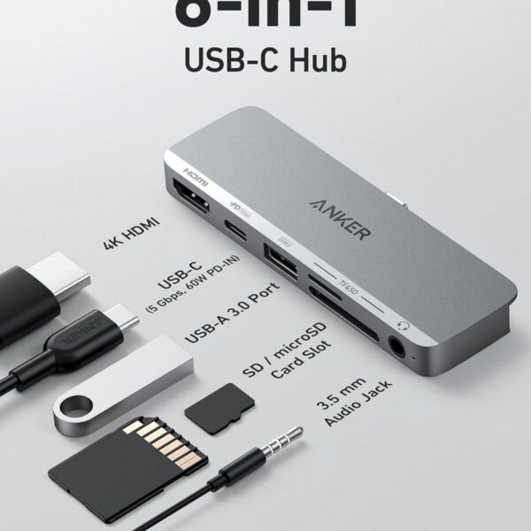 Hub USB-C Cho iPad Hỗ Trợ Cổng HDMI 4K@30Hz + USB 5Gbps+ SD/TF+ Audio 3.5mm + USB-C Đa Chức Năng Sạc PD60W Abjer A8363