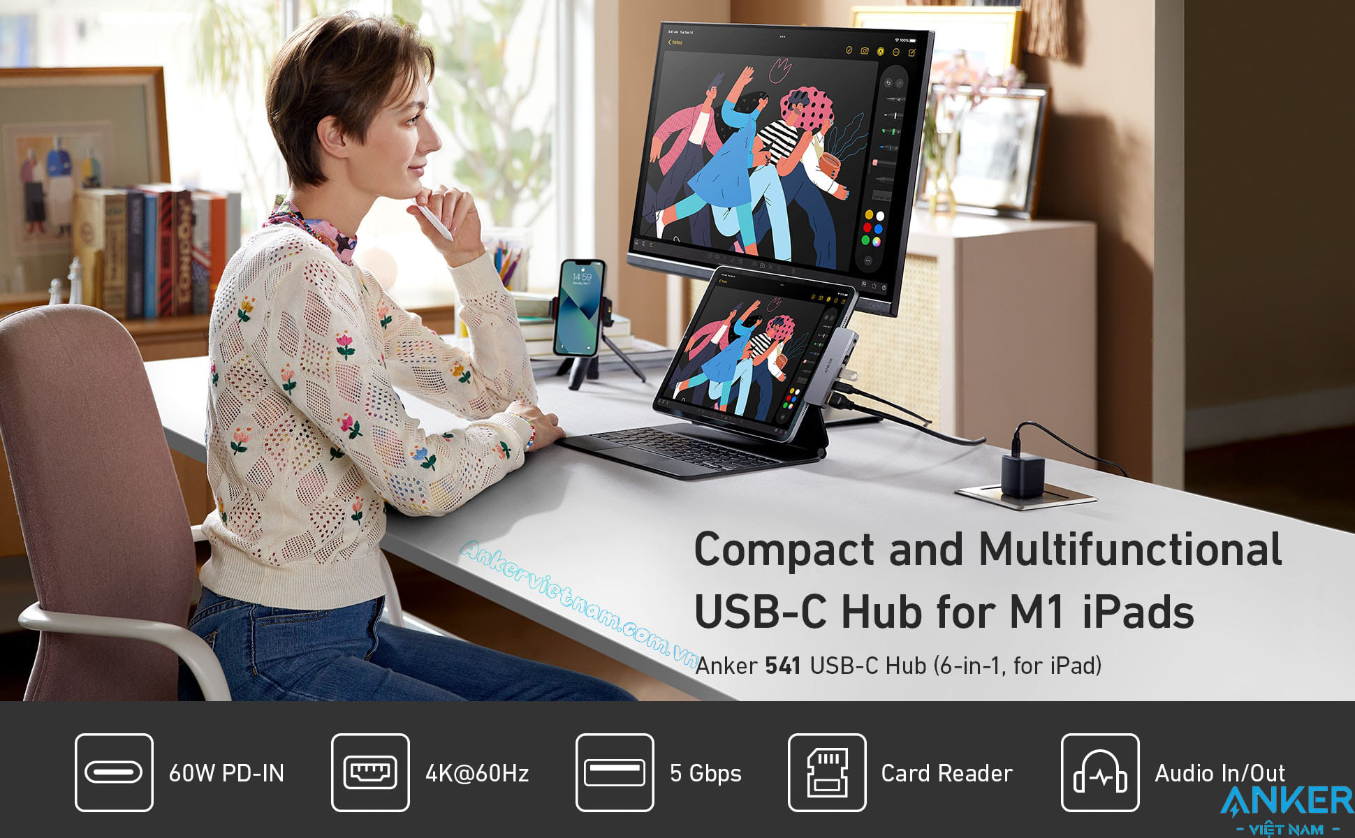 Hub USB-C Cho iPad Hỗ Trợ Cổng HDMI 4K@30Hz + USB 5Gbps+ SD/TF+ Audio 3.5mm + USB-C Đa Chức Năng Sạc PD60W Abjer A8363