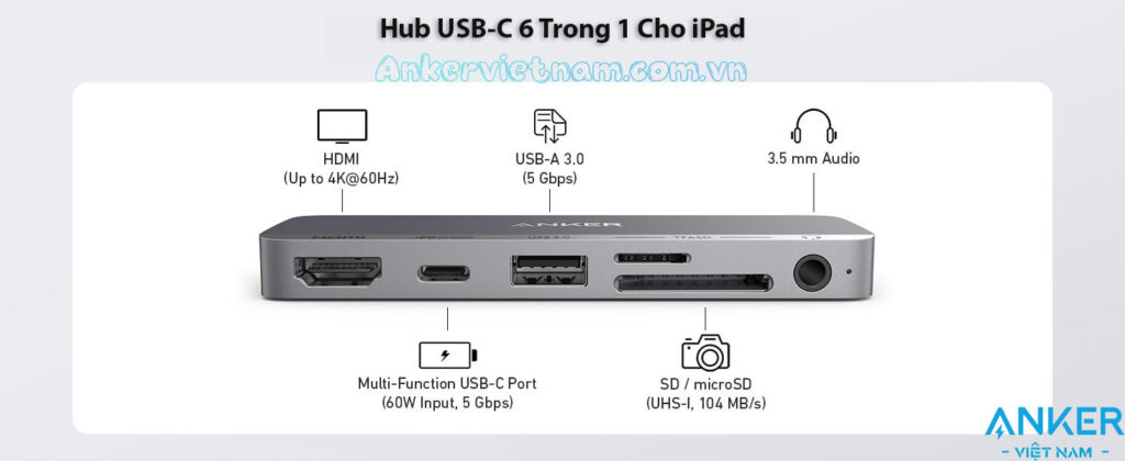 Hub USB-C Cho iPad Hỗ Trợ Cổng HDMI 4K@30Hz + USB 5Gbps+ SD/TF+ Audio 3.5mm + USB-C Đa Chức Năng Sạc PD60W Abjer A8363