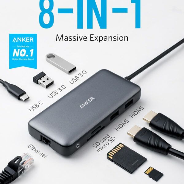 Hub Chuyển USB-C Sang 2 Cổng HDMI 4K + 2x USB 3.0 +SD/TF+RJ45+PD100W Anker 553-A8380