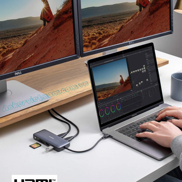 Hub Chuyển USB-C Sang 2 Cổng HDMI 4K + 2x USB 3.0 +SD/TF+RJ45+PD100W Anker 553-A8380