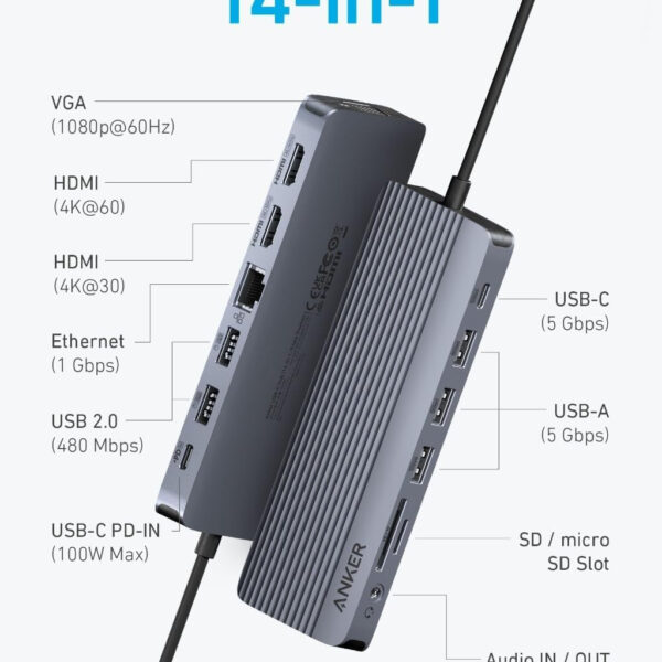Hub USB-C Hỗ Trợ Xuất 3 Màn hình cùng Lúc Cho Windows và Macbook Anker A8389 14 in 1
