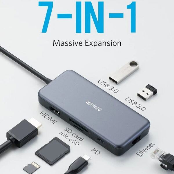 Hub USB Type C Sang HDMI + 2xUSB + SD/TF +RJ45 1Gbps + PD60W Anker A8352 1 Hub USB-C 7 -in-1 Anker A8352 Hỗ Trợ HDMI + USB+SD/TF +RJ45 +PD60W
