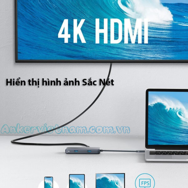 Hub USB Type C Sang HDMI + 2xUSB + SD/TF +RJ45 1Gbps + PD60W Anker A8352 4 Hub USB-C 7 -in-1 Anker A8352 Hỗ Trợ HDMI + USB+SD/TF +RJ45 +PD60W