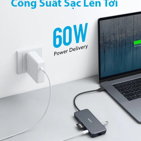 Hub USB Type C Sang HDMI + 2xUSB + SD/TF +RJ45 1Gbps + PD60W Anker A8352 5 Hub USB-C 7 -in-1 Anker A8352 Hỗ Trợ HDMI + USB+SD/TF +RJ45 +PD60W