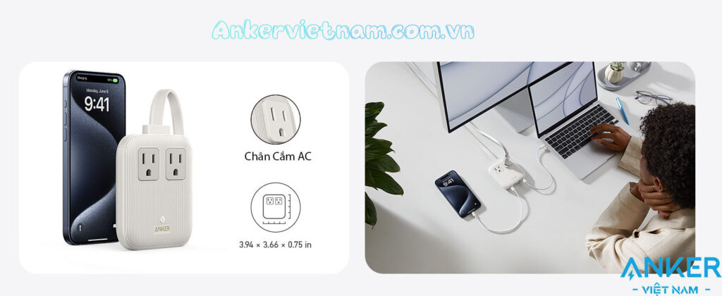 Ổ Cắm Điện Đa Năng Kèm Cổng USB Và Cổng Sạc USB-C Anker A9129 Nano Charing Station