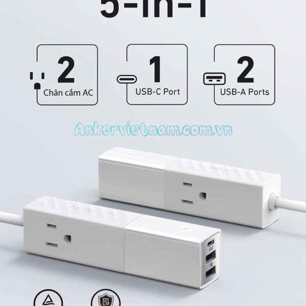 Ổ Điện Kèm 5 Chân Cắm 2AC+ 2 USB-A +1 USB-C Anker 511 Sạc PD 30W A9127 1 Ổ Cắm Điện Đa Năng 5 Cổng 2 Chân AC 2 Cổng USB-A 1 Cổng USB-C PD 30W Anker 511 A9127