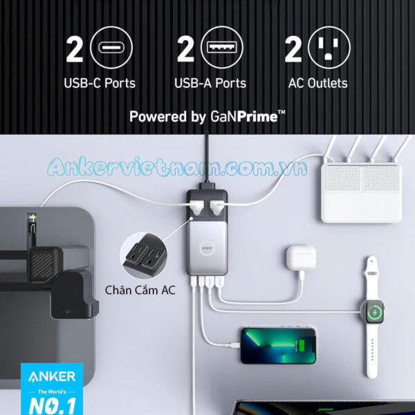 Trạm Sạc đa năng Anker 727 Kèm 2 chân AC + 2 USB 3.0 + 2 USB-C A9126
