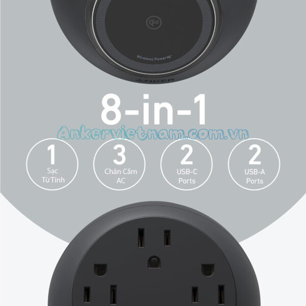 Trạm Sạc Anker MagGo Kèm ổ cắm điện và 2 cổng USB-C 2 Cổng USB-A Công Nghệ Qi2 A91C5
