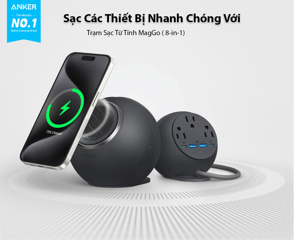 Trạm Sạc Anker MagGo Kèm ổ cắm điện và 2 cổng USB-C 2 Cổng USB-A Công Nghệ Qi2 A91C5