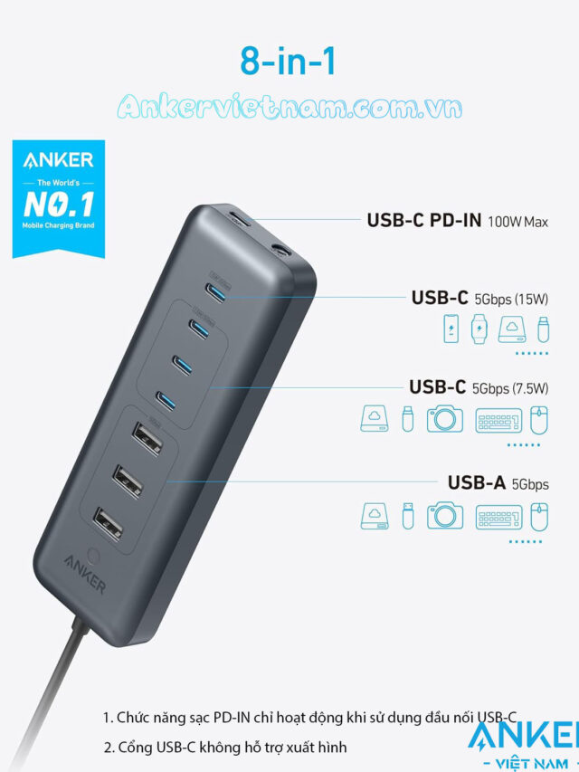 Bộ Chia Cổng USB 3.0 và USB Type C Sang 3 Cổng USB 3.0 +4 Cổng USB-C + 1 PD 100W Anker A8307
