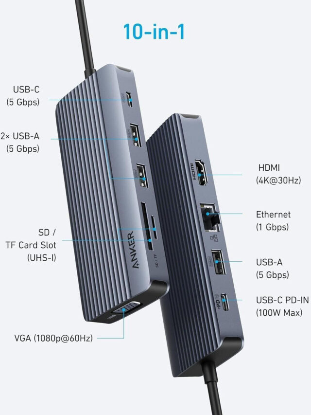 Hub USB C 10 in 1 Hỗ Trợ HDMI 4K, VGA , USB, USB Type C, RJ45, SD/TF, PD 100W Anker A83C2