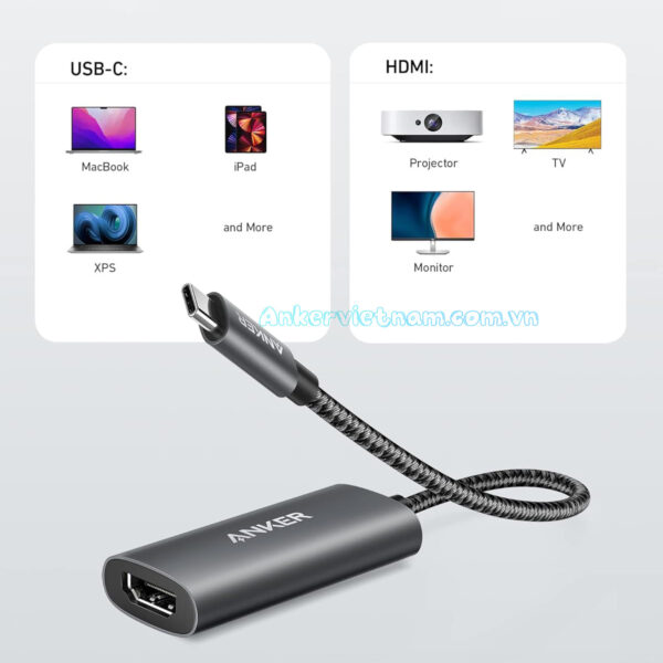 Cáp USB-C Sang HDMI 8K@60Hz 4K@144Hz Anker 518 A8317