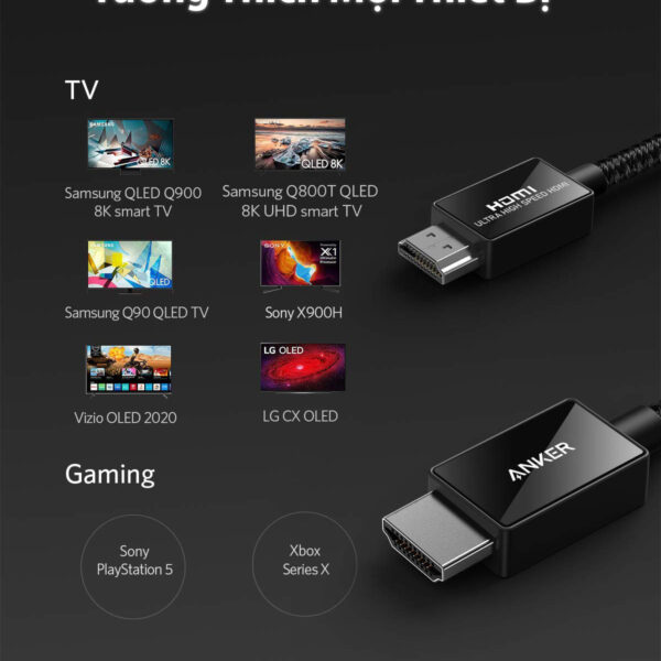 Cáp HDMI 2.1 Dài 2M Dây Bện Nylon Hỗ Trợ 8K@60Hz , 4K@120Hz HDR eARC Băng Thông 48Gbps Anker A8743 5 Cáp HDMI 2.1 Dài 2M Hỗ Trợ 8K@60Hz 4K@120Hz HDR eArc Băng Thông 48Gbps Dây Bện Nylon Anker A8743