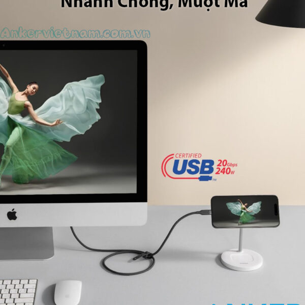 Cáp Sạc USB-C 2 Đầu USB4 Hỗ Trợ 4K@60Hz, truyền dữ liệu 20Gbps, Sạc 240W Anker A80N1