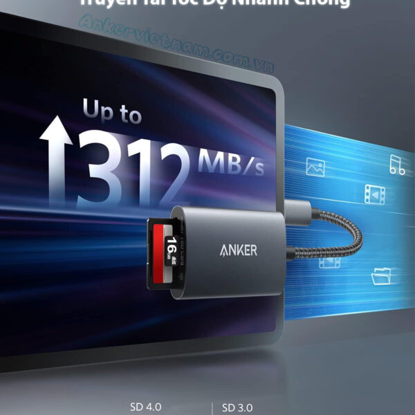 Đầu Đọc Thẻ Nhớ USB-C Hỗ Trợ SD/TF Chuẩn 4.0 Tốc Độ 312MB/S Anker A8328 4 Đầu Đọc Thẻ Nhớ Type C SD/TF Công Nghệ SD 4.0 Tốc Độ 312MB/S Anker A8328