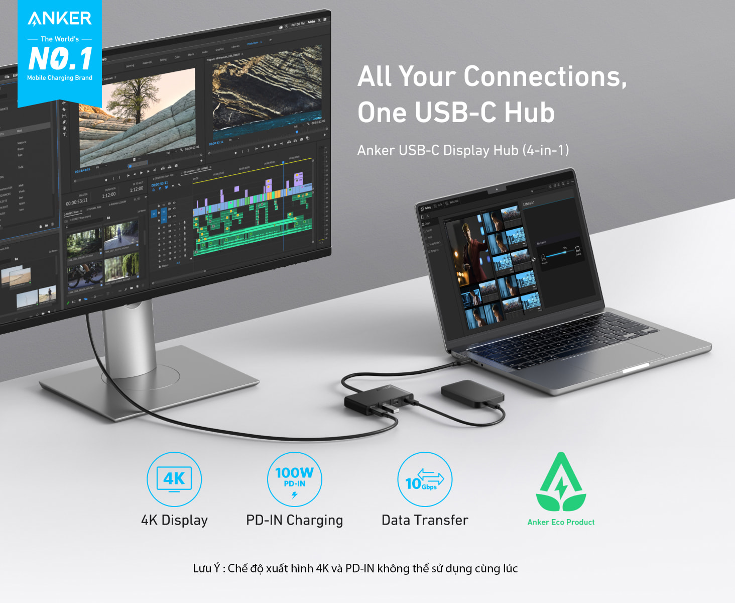 Hub USB-C Sang 4 Cổng Type C 10Gbps Hỗ Trợ 4K@60Hz PD 100W Anker A8340
