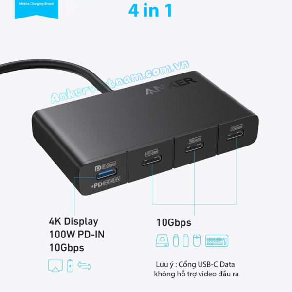 Hub USB-C Sang 4 Cổng Type C 10Gbps Hỗ Trợ 4K@60Hz PD 100W Anker A8340